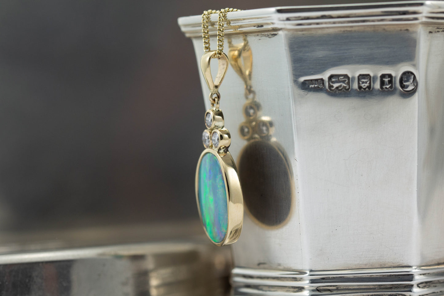 Large Opal Doublet and Diamond Set Pendant — view 3