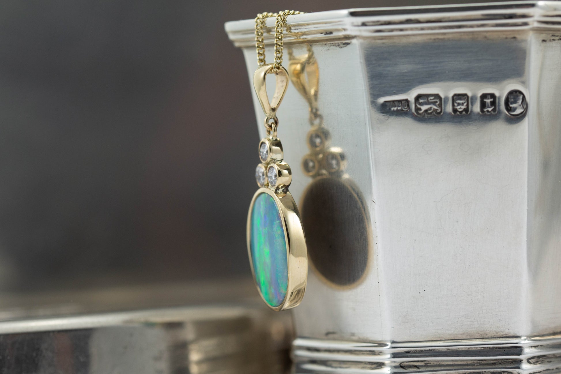 Large Opal Doublet and Diamond Set Pendant — view 3