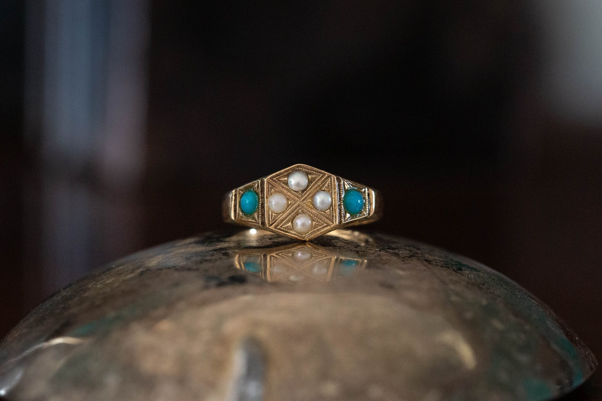 Antique Turquoise and Pearl Ring