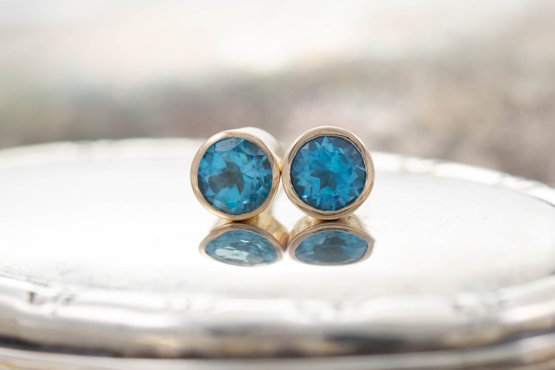 Yellow Gold Blue Topaz Stud Earrings