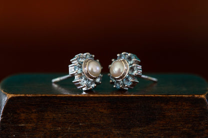 Pearl and Aquamarine and Cluster Stud Earrings — view 2