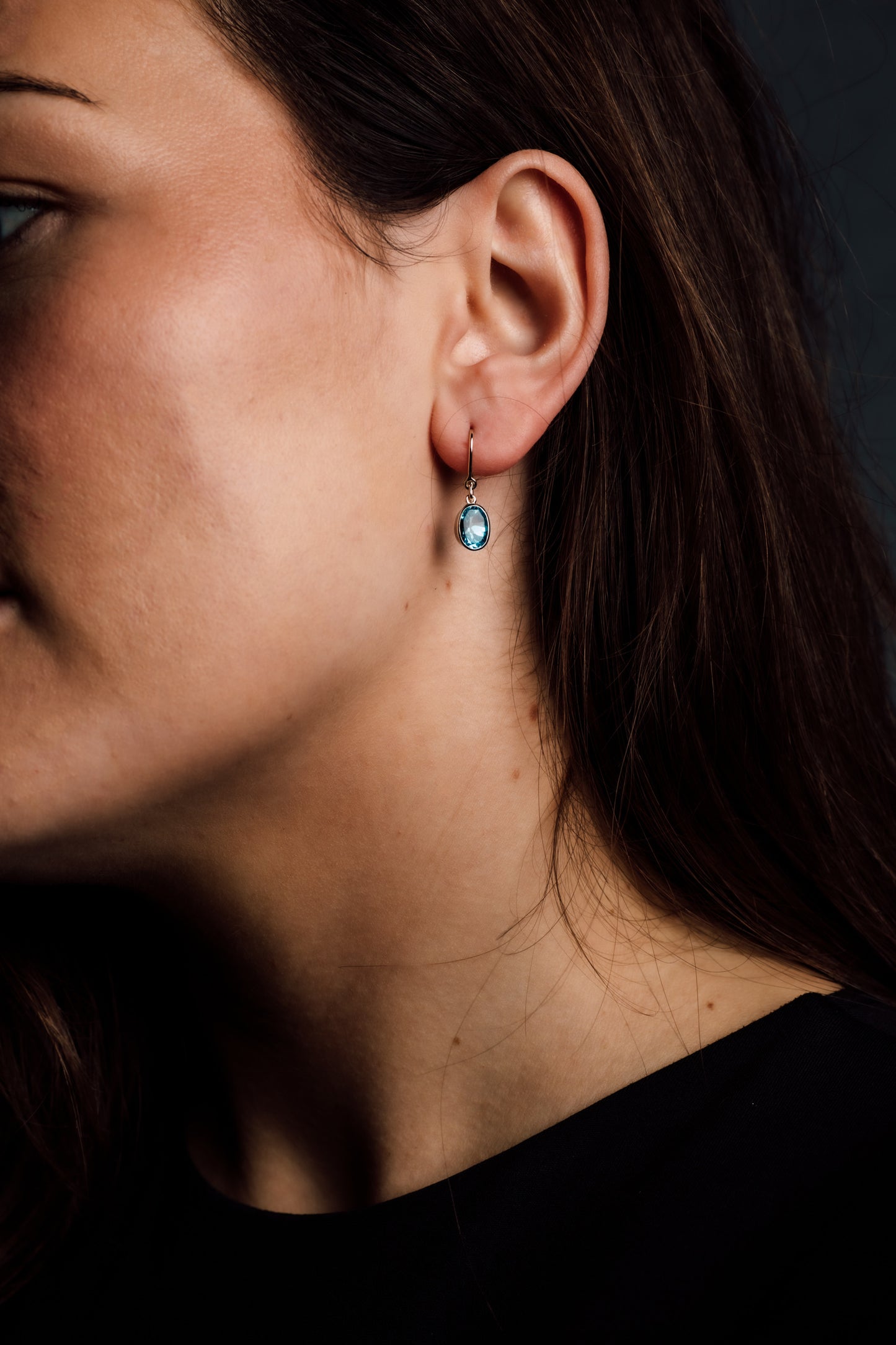 Yellow Gold Blue Topaz Shepherds Hook Earrings — view 4