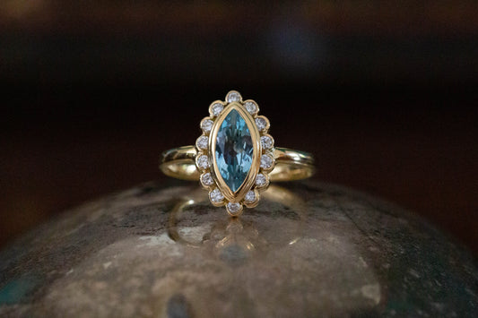 Marquise Aquamarine and Diamond Cluster Ring