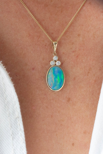 Large Opal Doublet and Diamond Set Pendant — view 4