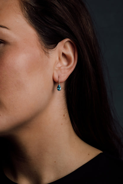 Yellow Gold Blue Topaz Shepherds Hook Earrings — view 4