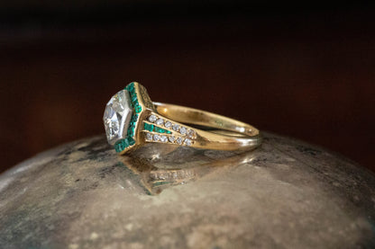Art Deco Diamond Solitaire and Emerald Ring