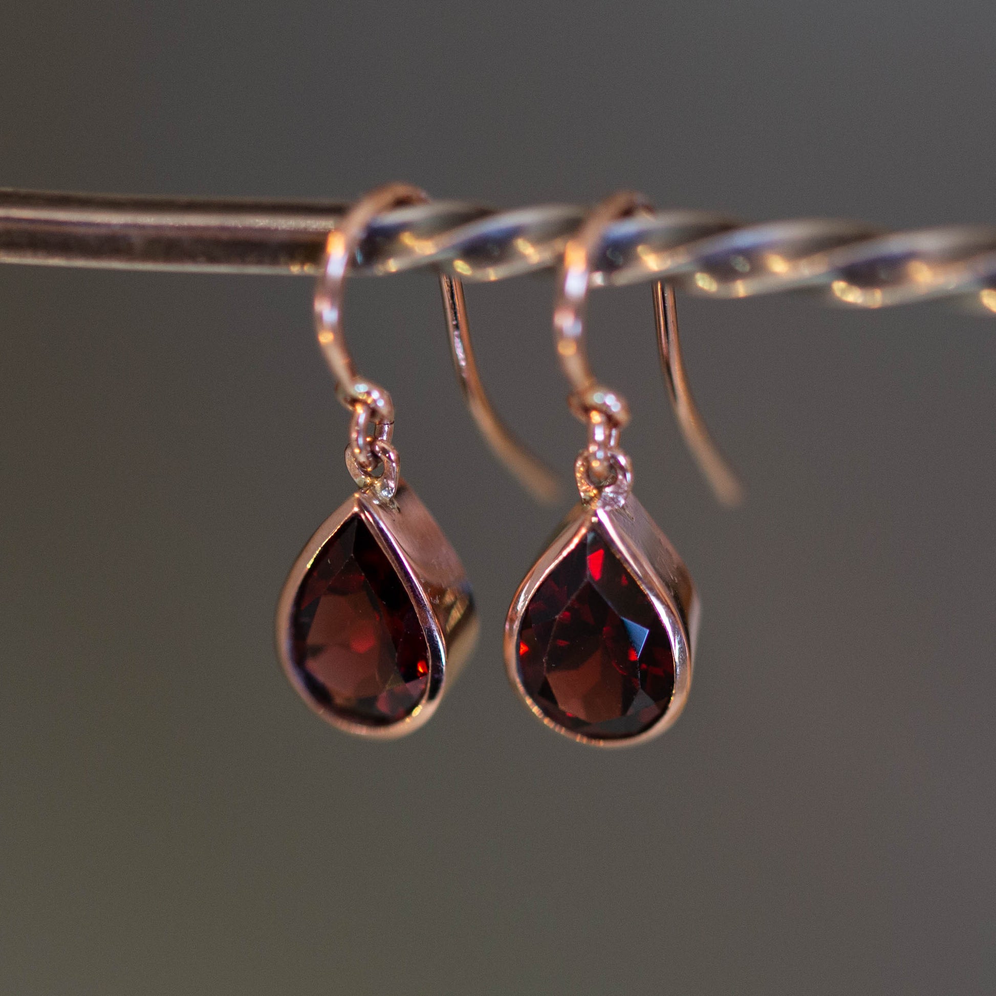 Rose Gold Garnet Shepherds Hook Earrings — view 2