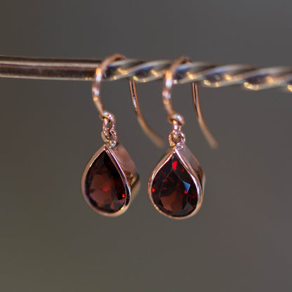 Rose Gold Garnet Shepherds Hook Earrings — view 2