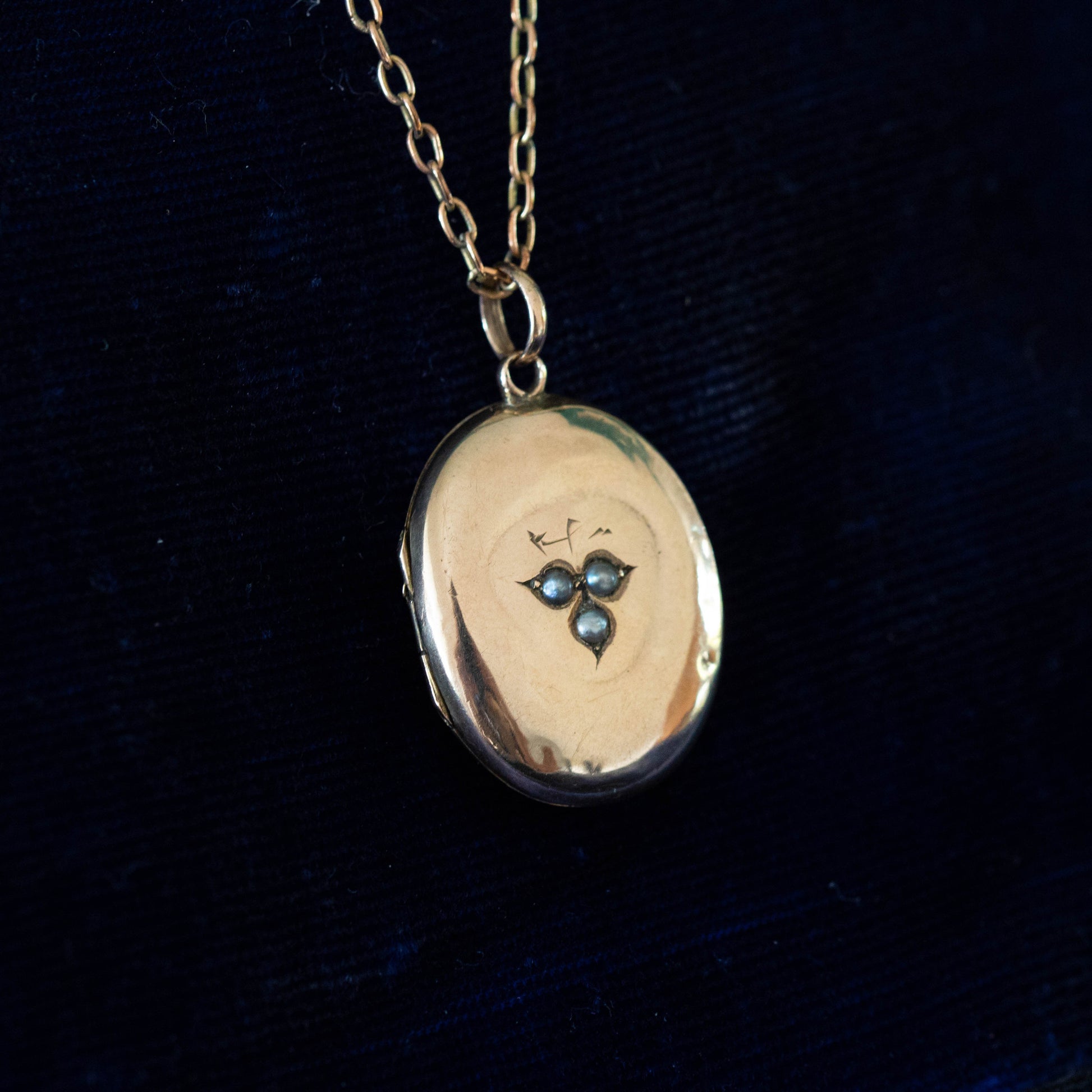 Gold Oval Locket with Seed Pearls and Belcher Chain