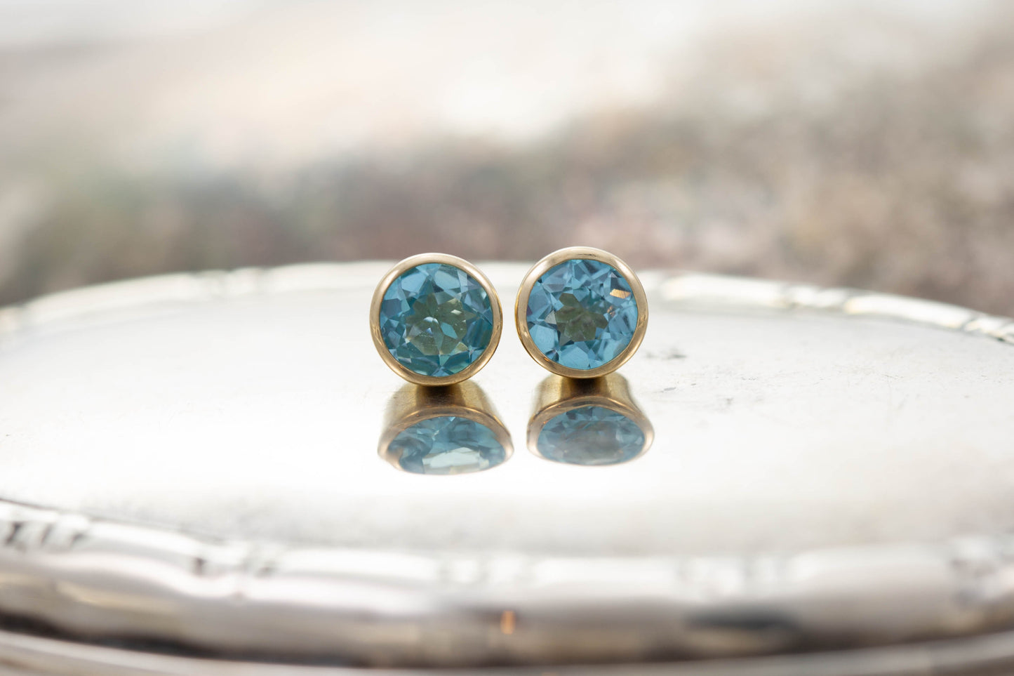 Yellow Gold Blue Topaz Stud Earrings