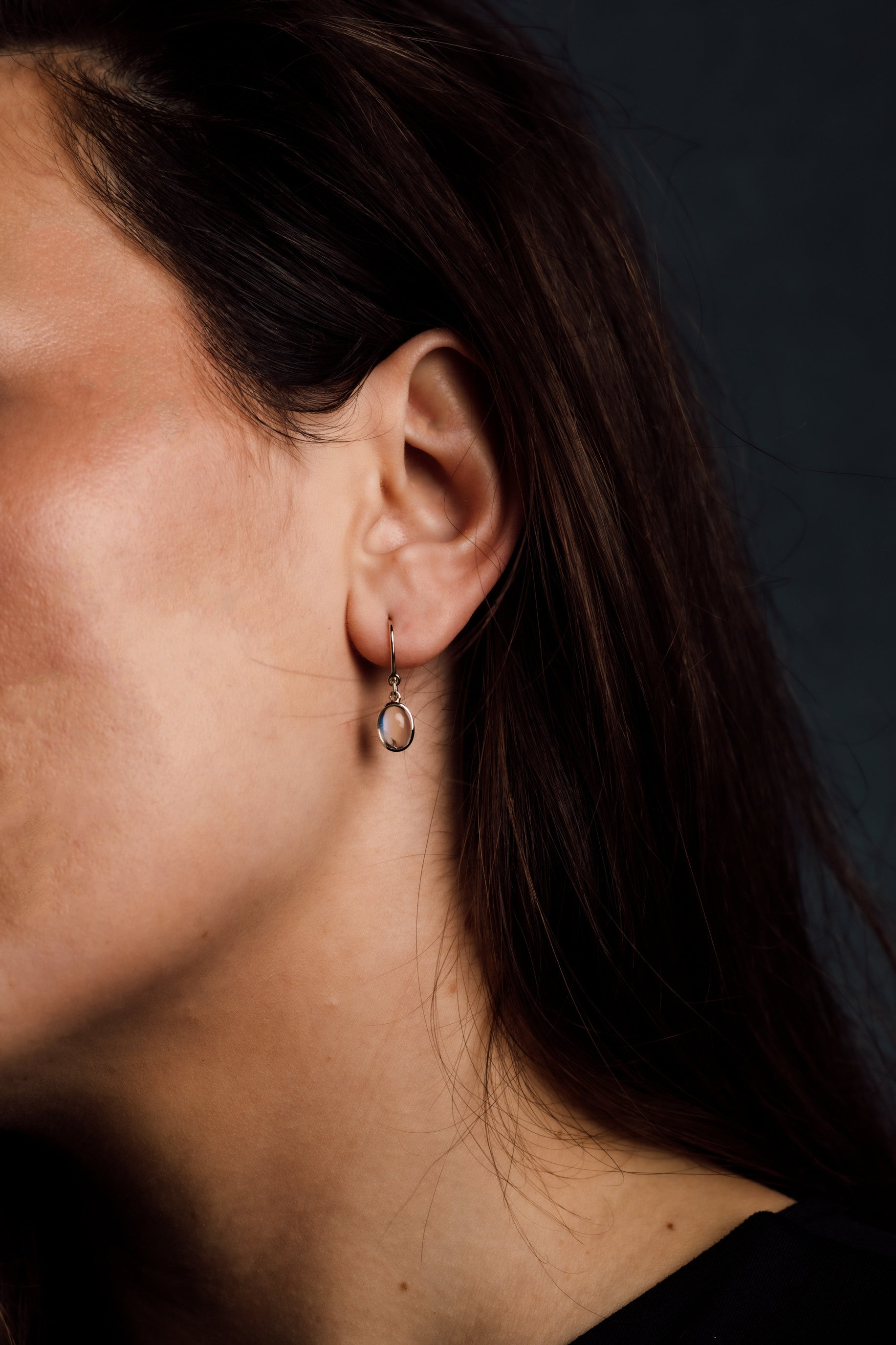 Yellow Gold Moonstone Shepherds Hook Earrings — view 2