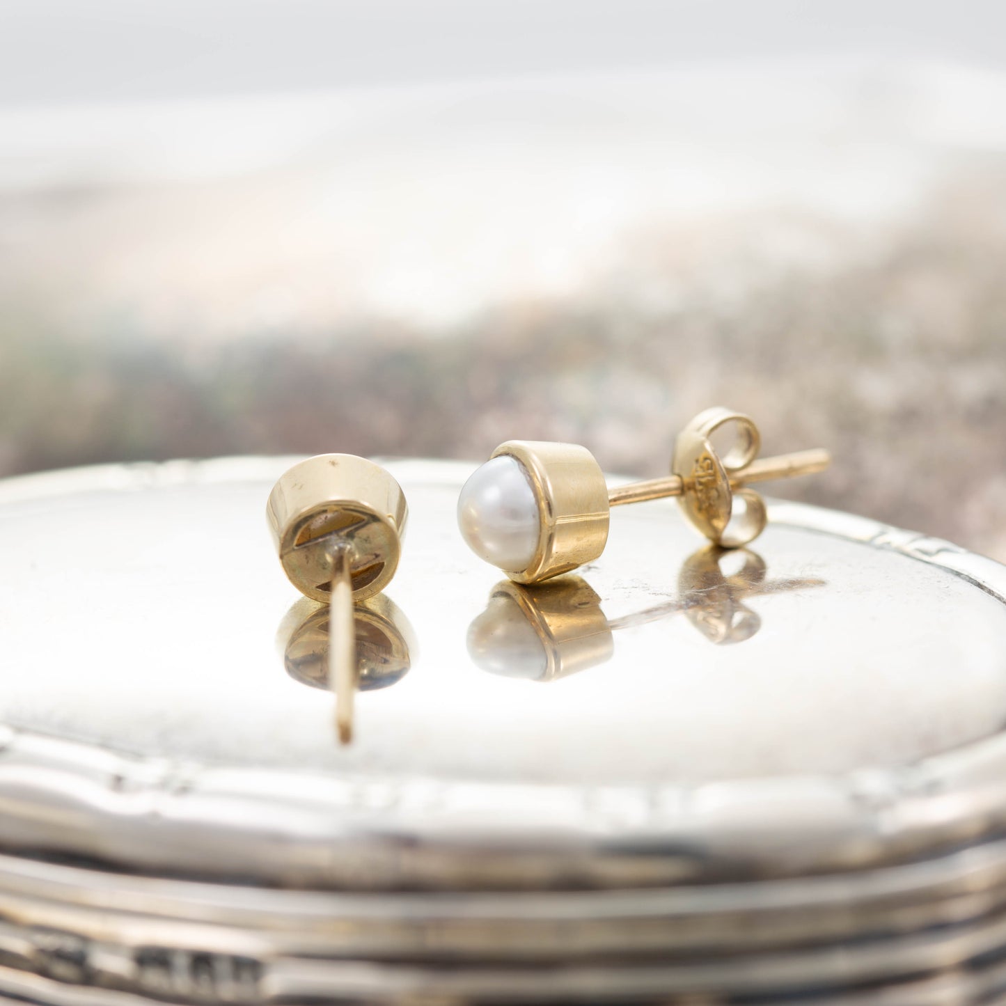 Yellow Gold Pearl Stud Earrings — view 5