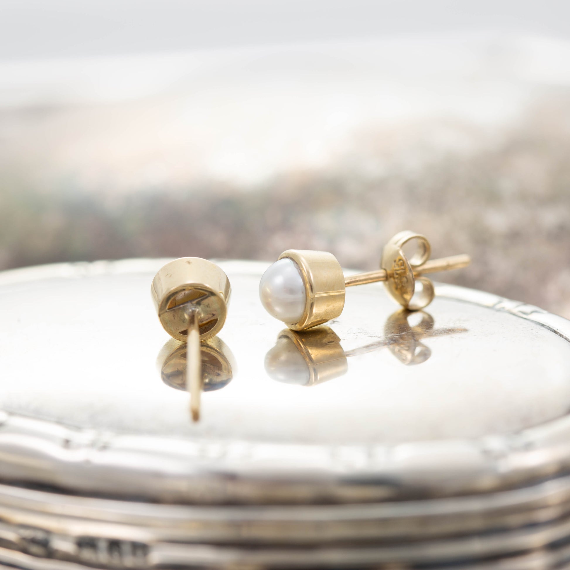 Yellow Gold Pearl Stud Earrings — view 5