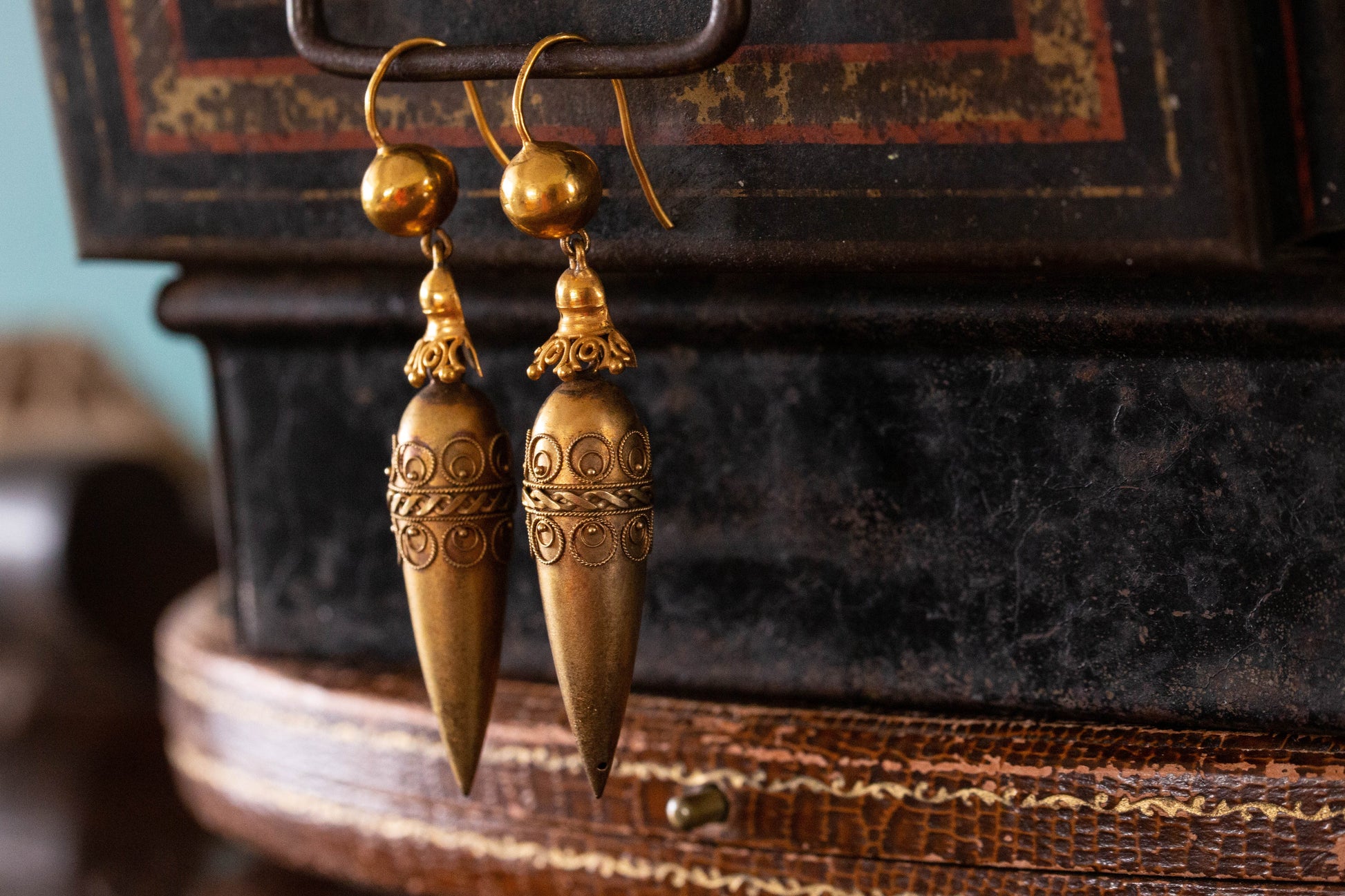 Gold Victorian Drop Earrings — view 2
