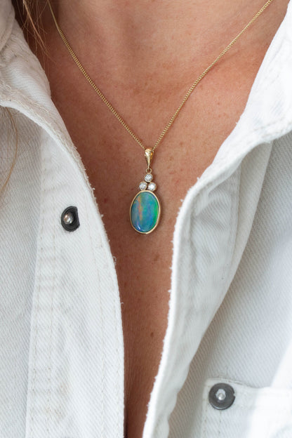 Large Opal Doublet and Diamond Set Pendant — view 2
