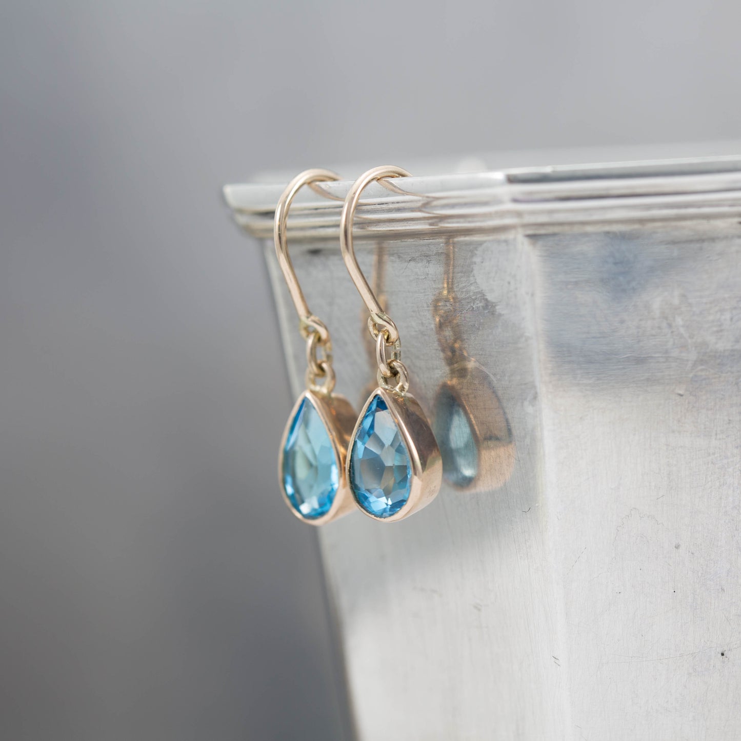 Yellow Gold Blue Topaz Shepherds Hook Earrings — view 3