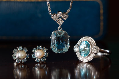 Pearl and Aquamarine and Cluster Stud Earrings — view 5