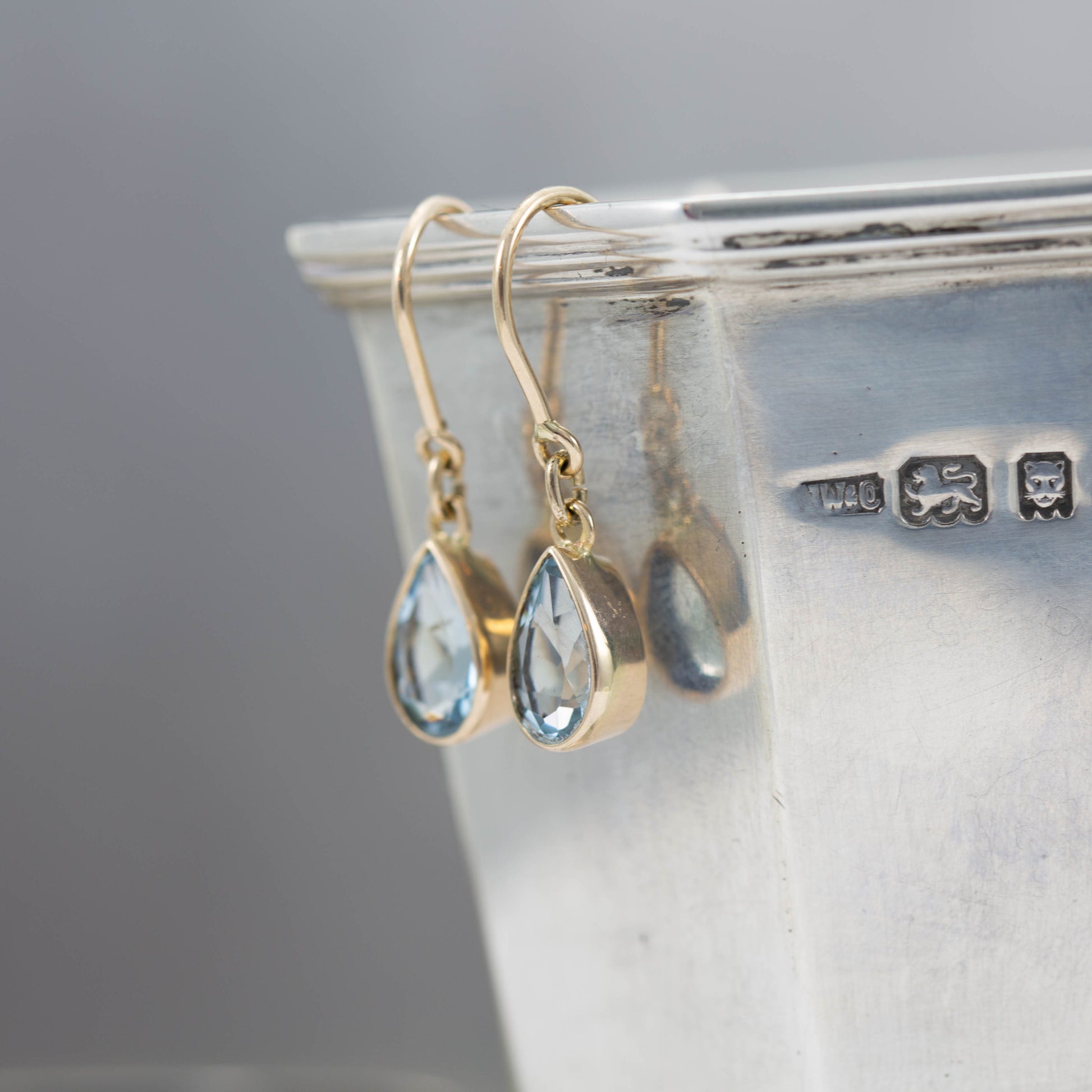Yellow Gold Aquamarine Shepherds Hook Earrings — view 3