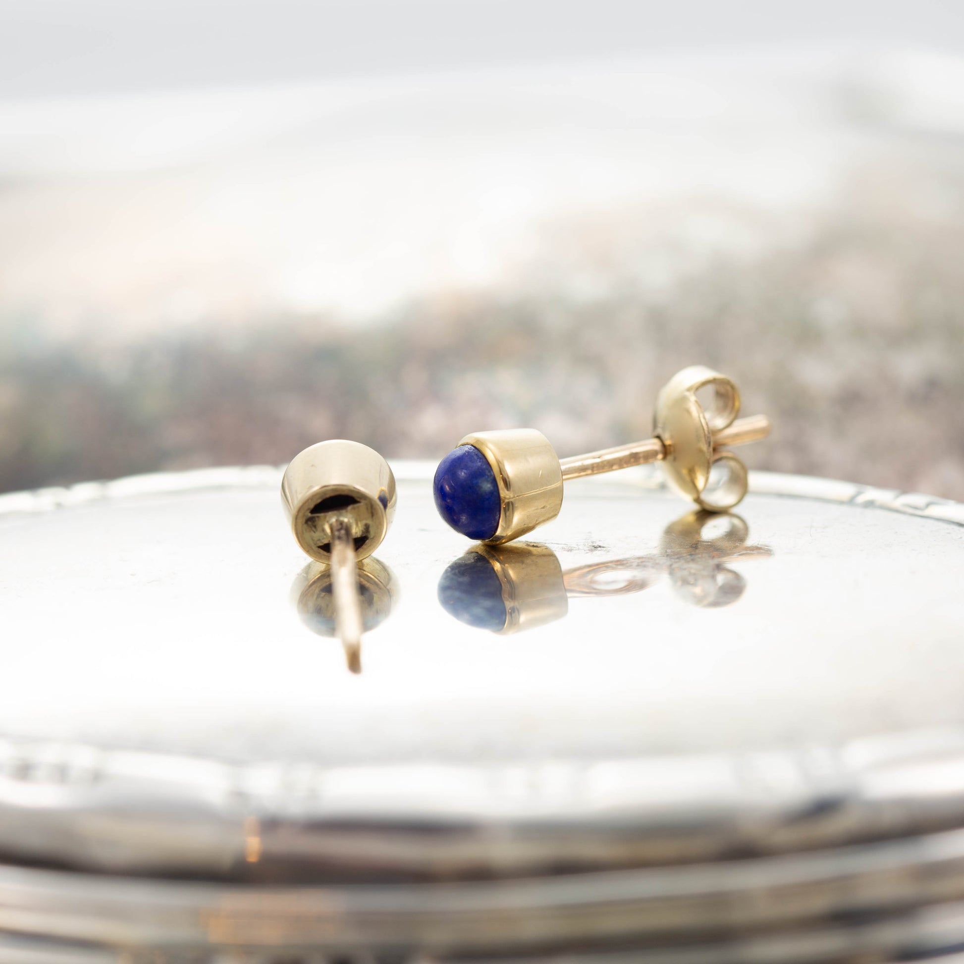 Yellow Gold Lapis Stud Earrings — view 3
