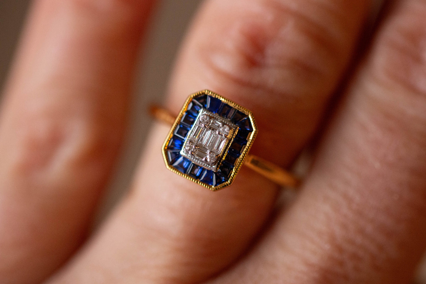 Art Deco Style Sapphire and Diamond Cluster Ring — view 5