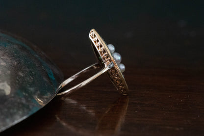 Art Deco Marquise Emerald, Diamond and Pearl Ring