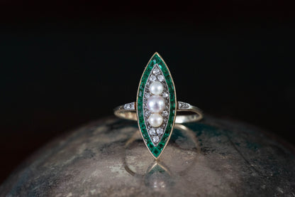 Art Deco Marquise Emerald, Diamond and Pearl Ring
