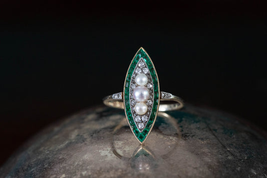Art Deco Marquise Emerald, Diamond and Pearl Ring
