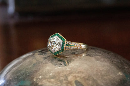 Art Deco Diamond Solitaire and Emerald Ring
