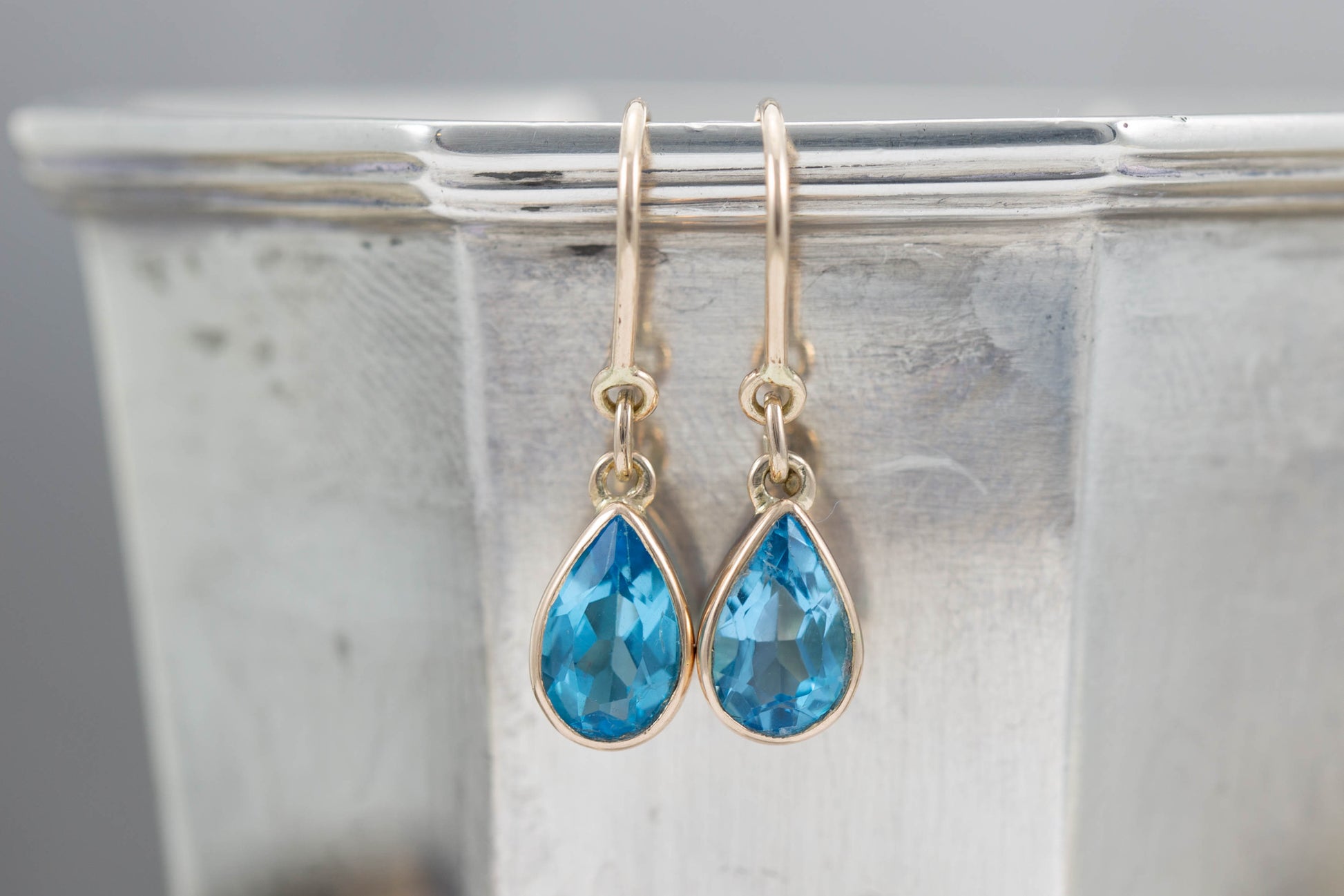 Yellow Gold Blue Topaz Shepherds Hook Earrings