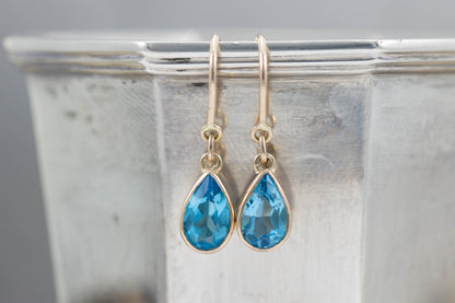Yellow Gold Blue Topaz Shepherds Hook Earrings