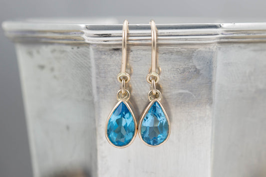 Yellow Gold Blue Topaz Shepherds Hook Earrings