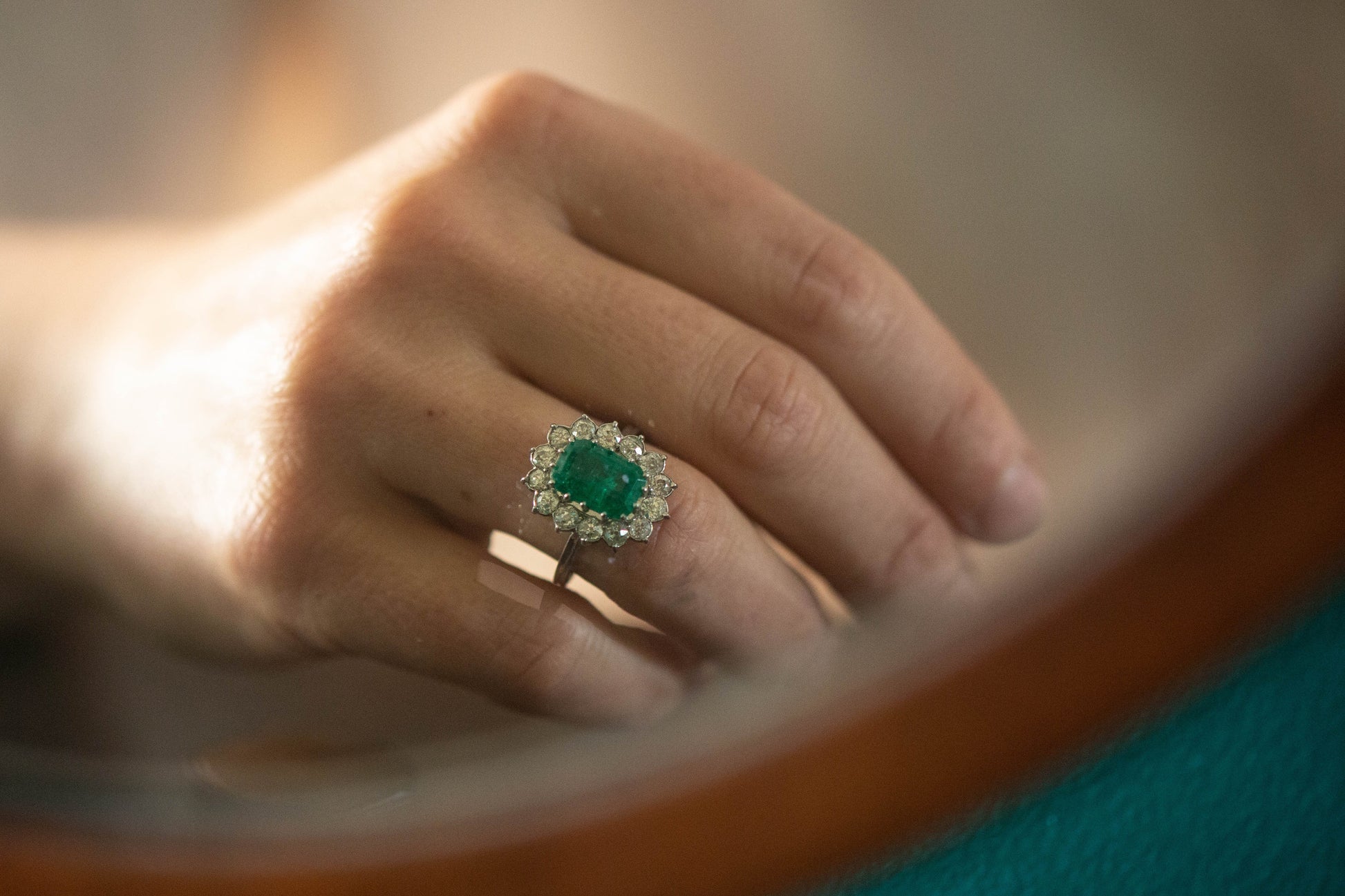 Emerald and Diamond Cluster Ring — view 5