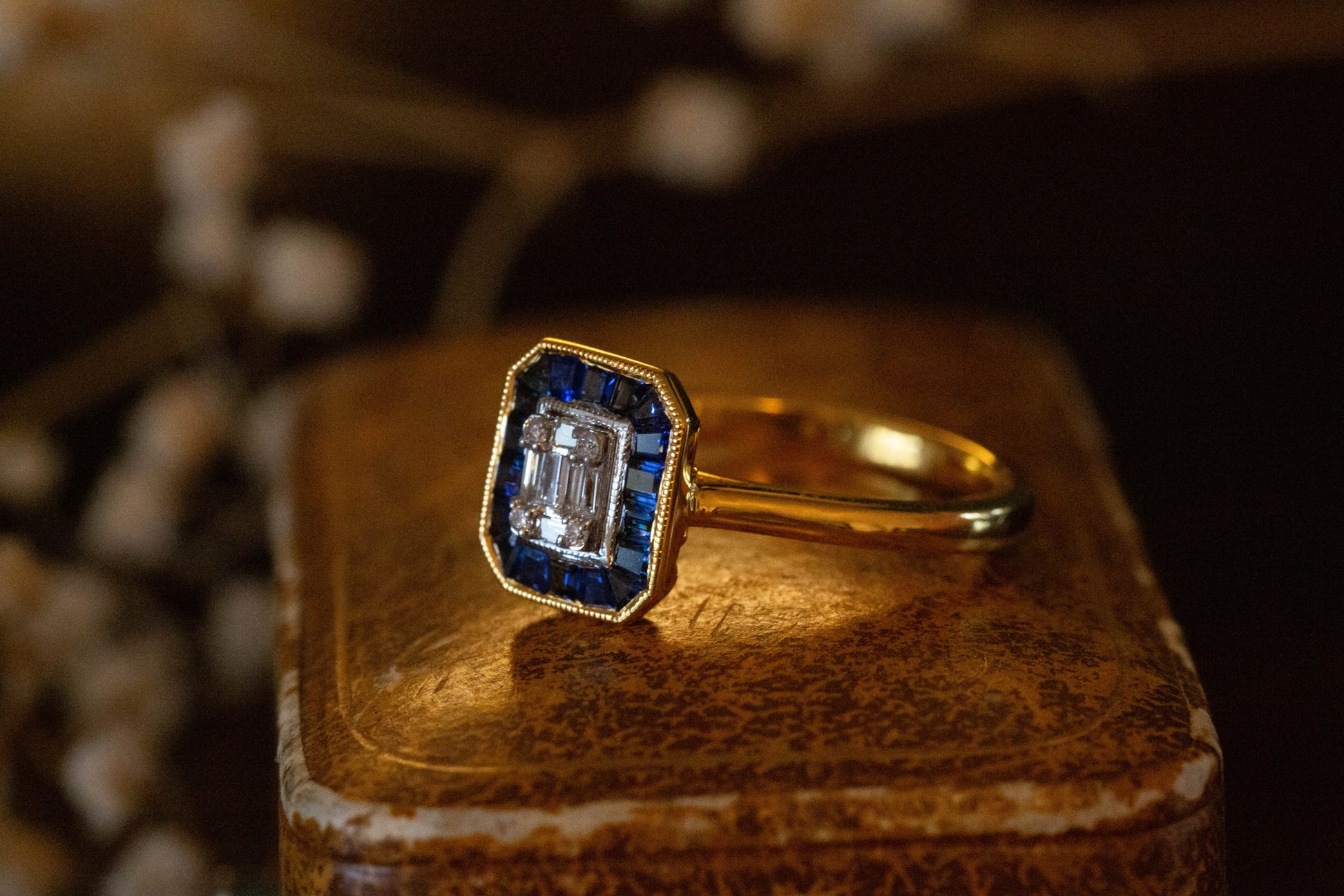 Art Deco Style Sapphire and Diamond Cluster Ring — view 2