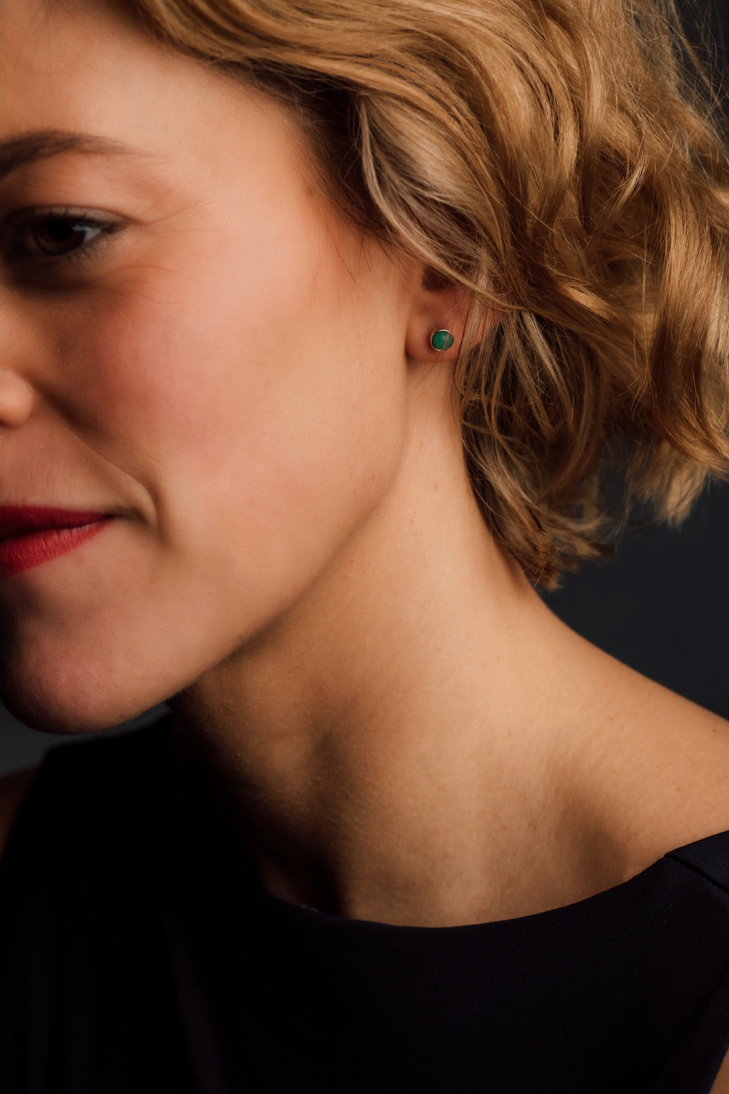 Yellow Gold Chrysoprase Stud Earrings — view 4