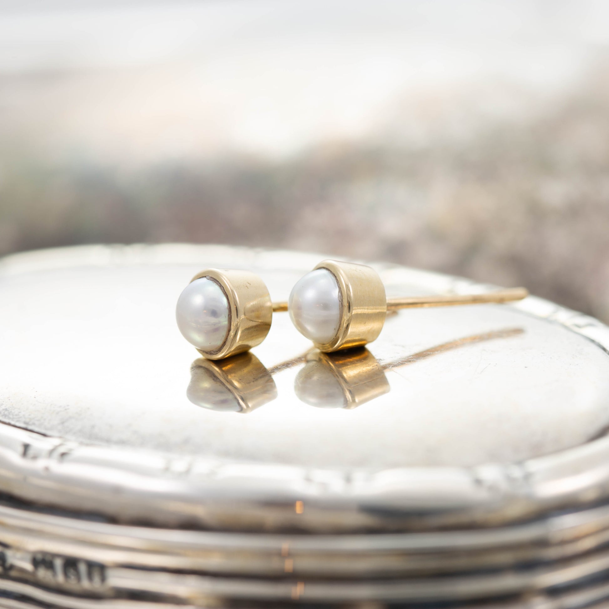 Yellow Gold Pearl Stud Earrings — view 3