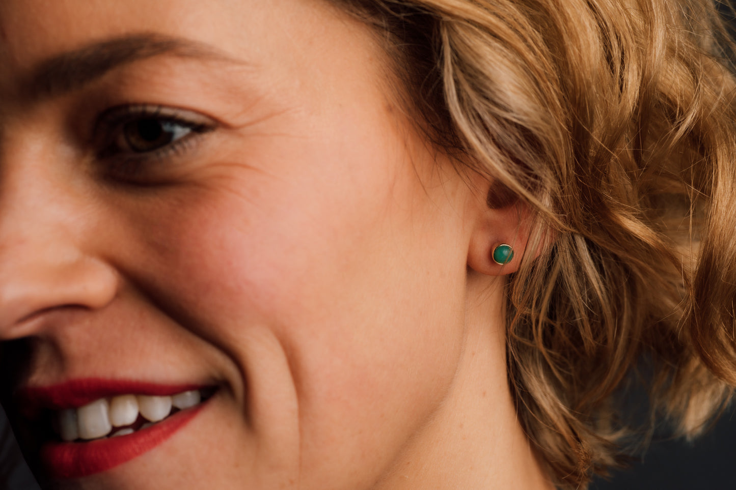 Yellow Gold Chrysoprase Stud Earrings — view 2