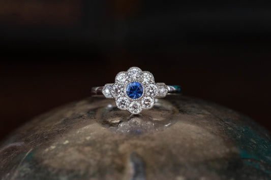 Sapphire and Diamond Daisy Cluster Ring