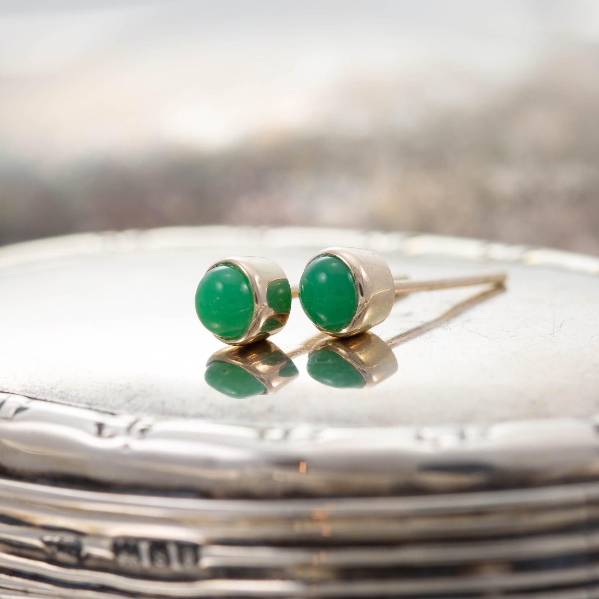 Yellow Gold Chrysoprase Stud Earrings — view 3
