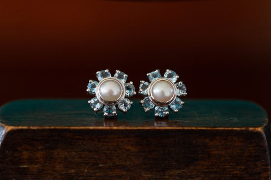 Pearl and Aquamarine and Cluster Stud Earrings
