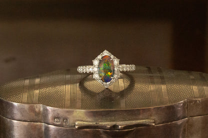 Platinum Black Opal & Diamond Cluster Ring